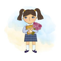 Ukrainian schoolgirl wearing uniform. Illustration of a girl holding flowers and a primer, abc book in her hands.