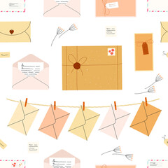 Flat vector seamless pattern with envelopes, letters, dried plants, stamps. Design on a white background.