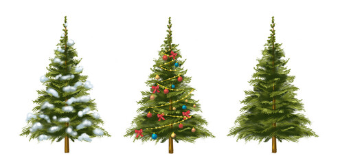 Three Christmas trees isolated. Christmas tree with snow. Christmas tree with balls and garland on white background. Hand drawn illustration.