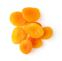 Dried apricots isolated on white background. Top view of dried apricots.