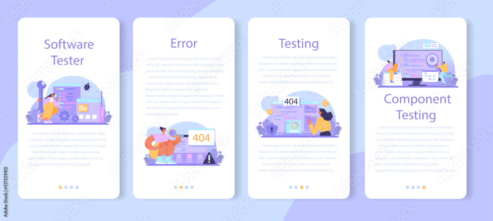 Poster software tester mobile application banner set. application or website