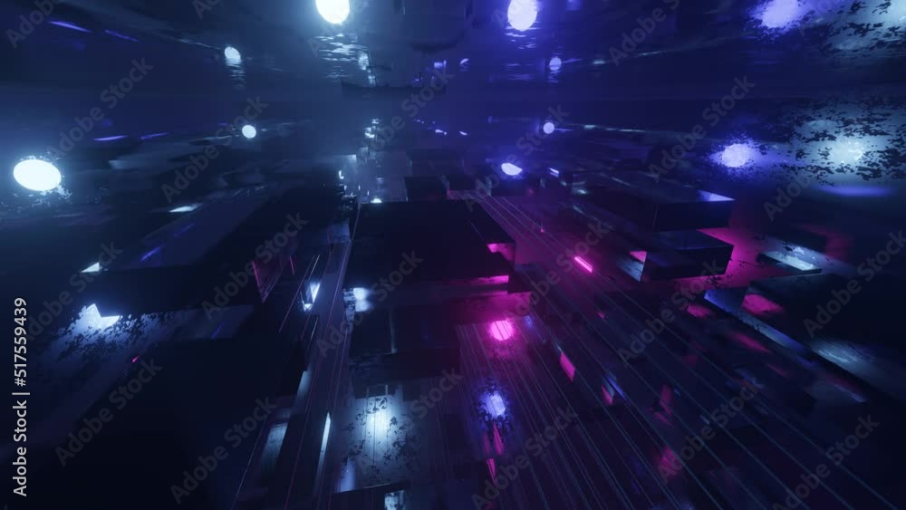 Poster fly through technology cyberspace with neon glow. sci-fi constructions, mysterious 3d objects in fog