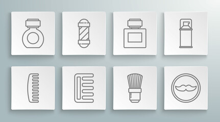Set line Hairbrush, Classic Barber shop pole, Shaving, Mustache, Aftershave, gel foam and icon. Vector