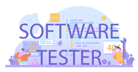 Software tester typographic header. Application or website code testing.