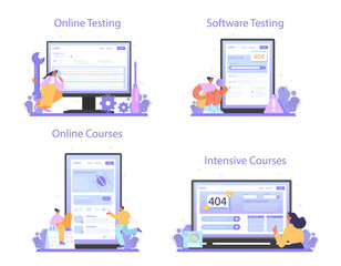 Software tester online service or platform set. Application or website