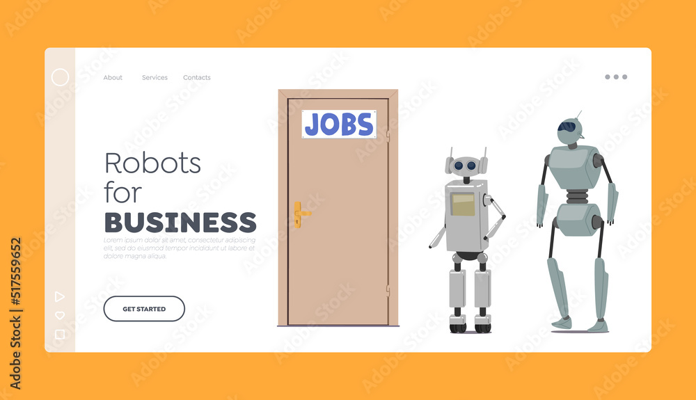 Poster cyborg hire job landing page template. robots waiting invitation for job interview at lobby front of