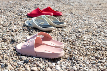beach slippers on the beach, vacation photo. related to tourism