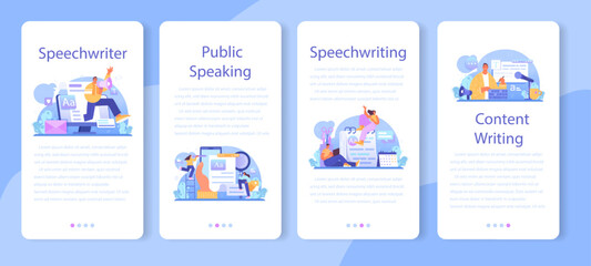 Speechwriter mobile application banner set. Professional speaker or journalist