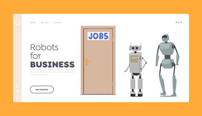 Obraz na płótnie Canvas Cyborg Hire Job Landing Page Template. Robots Waiting Invitation for Job Interview at Lobby front of Door, Robotization