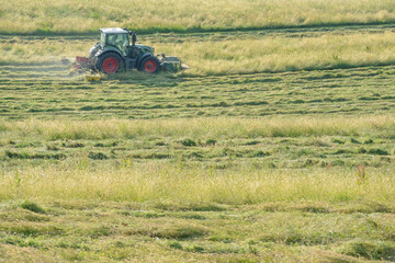 Grass harvesting, green tractor with rotary mower front and rear