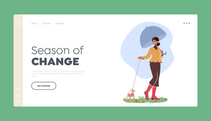 Rain Season Landing Page Template. Female Character Walk with Dog in Park at Rainy Autumn Weather. Woman with Umbrella