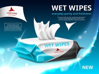 Realistic wet wipes poster. Sanitary antibacterial wipes, family packaging design, promotional banner, cleansing and skincare, advertising template. Hygiene accessory utter vector concept