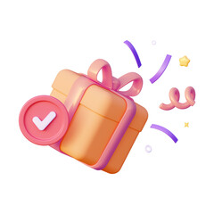 Yellow gift with confetti and  3d check  mark  icon. 3d rendering illustration