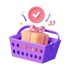 Purple grocery basket with a gift. Isolated on a white background. 3d rendering