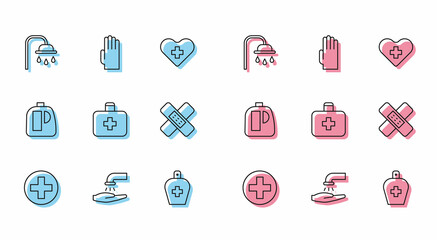 Set line Cross hospital medical, Washing hands with soap, Shower head, Bottle of liquid antibacterial, First aid kit, Crossed bandage plaster, Bottles for cleaning agent and Rubber gloves icon. Vector