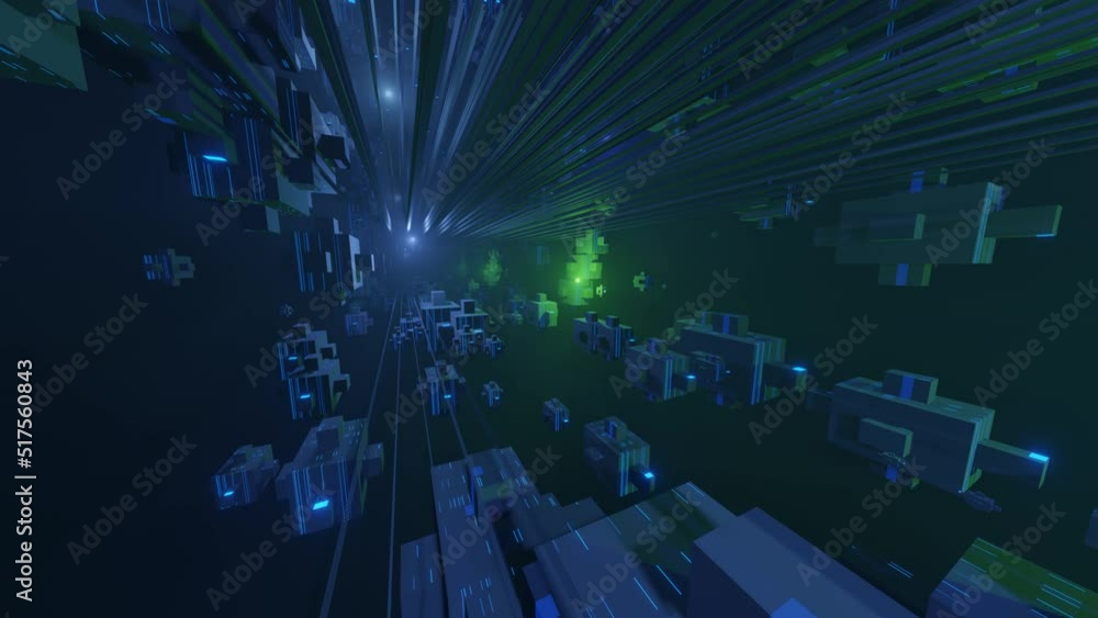 Poster sci-fi constructions, mysterious 3d objects in fog. fly through technology cyberspace with neon glow