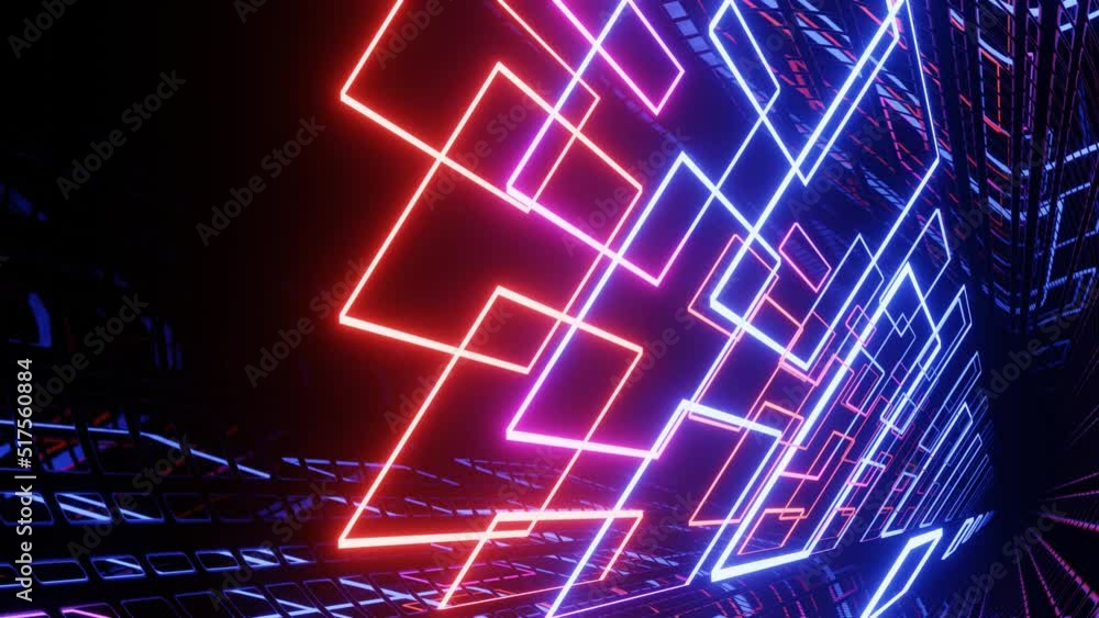 Poster hi-tech neon sci-fi tunel. trendy neon glow lines form pattern and construction in mirror tunnel. sc