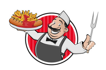 happy cartoon man serving delicious German specialty Currywurst mit Pommes