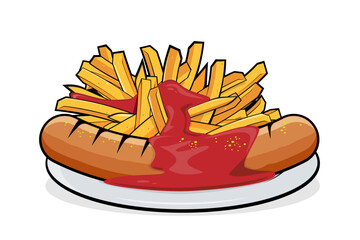 cartoon illustration of delicious german specialty currywurst mit pommes