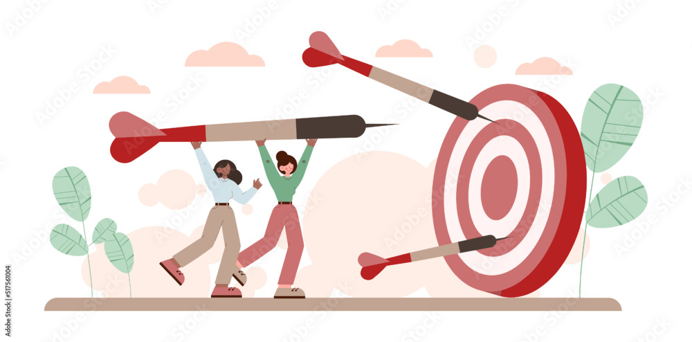 Poster target concept. ambitious characters aiming in target and shooting