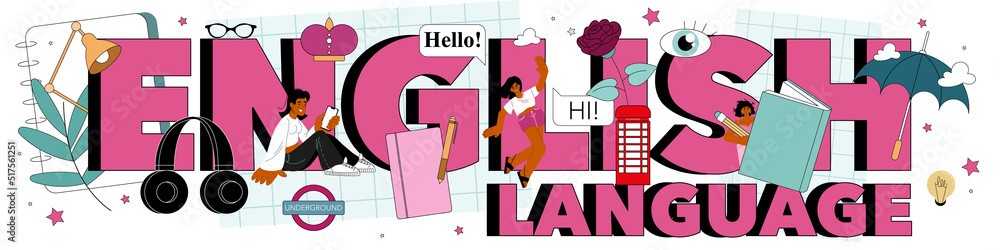 Poster english language typographic header. study foreign languages