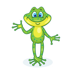 Cute funny frog stands and waves its hand. In cartoon style. Isolated on white background. Vector illustration.