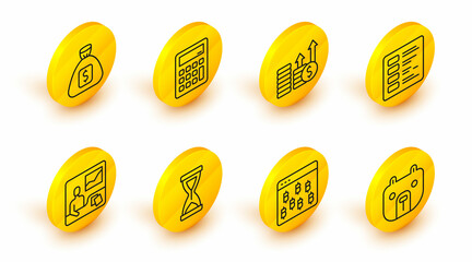 Set line Bear market, Bitcoin in browser, Old hourglass, Trading courses, Business finance report, Financial growth and dollar, Calculator and Money bag icon. Vector