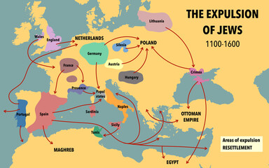 Map showing the expulsion of Jews and their resettlement between 1100 and 1600 - obrazy, fototapety, plakaty