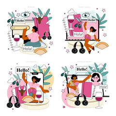 Spanish language online service or platform set. Language school © inspiring.team