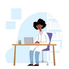 Vector illustration of african doctor at table in medical office.