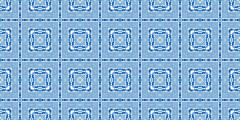 Blue white watercolor azulejo tile border background. Seamless coastal geometrical floral mosaic effect banner. Ornamental arabesque summer fashion repeat edge trim.