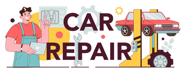 Car repair typographic header. Auto mechanic in uniform check