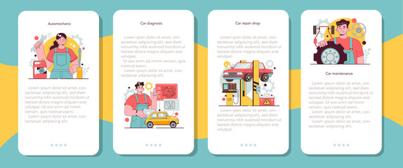 Auto mechanic mobile application banner set. Mechanic in uniform check