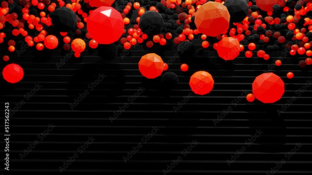 Poster spheres or balls fall down on steps bounce off stair and roll down light up and form pattern. sphere