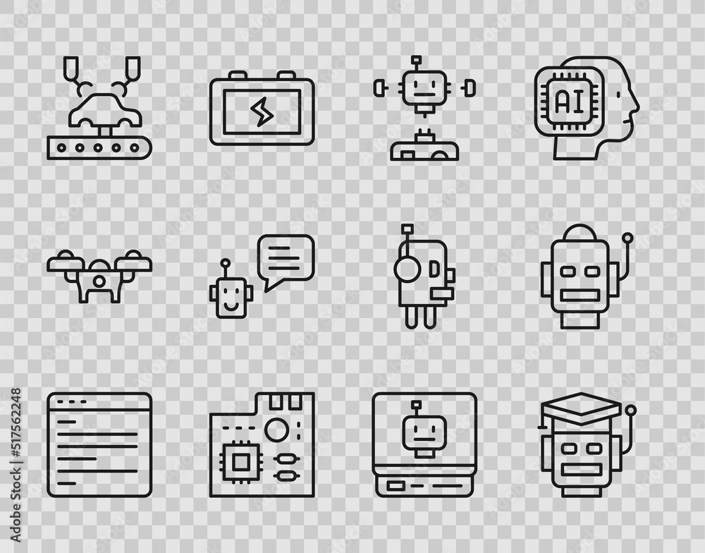 Poster set line computer api interface, robot, disassembled robot, motherboard digital chip, robotic arm on
