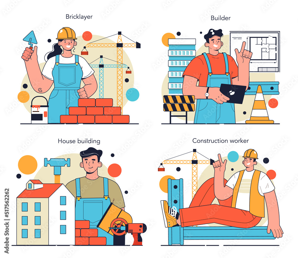Poster builder set. workers constructing house with tools and materials