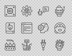 Set line Industrial production of robots, Robot burned out, Bot, Processor with microcircuits CPU, Computer api interface, Electric plug and vacuum cleaner icon. Vector