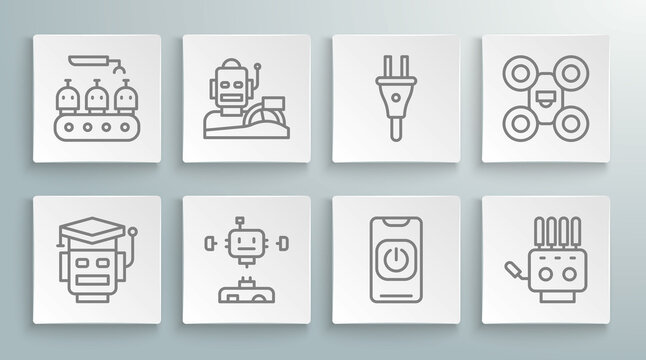 Set line Robot, humanoid driving a car, Disassembled robot, Turn off from phone, Mechanical hand, Electric plug, Drone and Industrial production robots icon. Vector