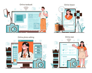 Photography school club online service or platform set. Students lerning