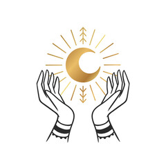 Gold Moon Mystical Icon logo. Hands holding Moon. Vector Illustration