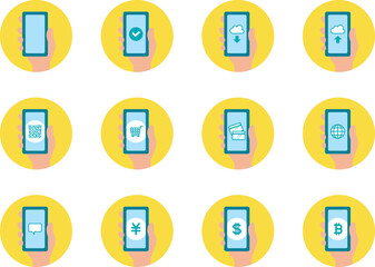 アイコン_スマホ_手_セット_線無し_黄バック_丸