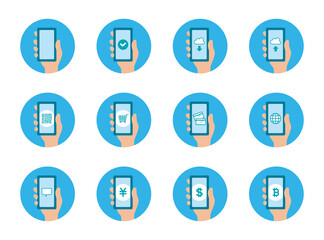 アイコン_スマホ_手_セット_線無し_青バック_丸