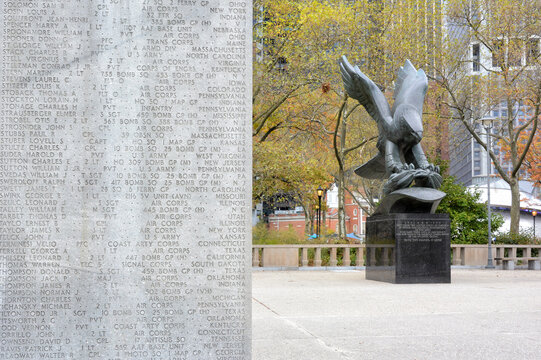 New York, NY - 05 NOV 2019: East Coast Memorial in Battery Park honors the 4,601 missing American servicemen who lost their lives in the Atlantic Ocean while engaged in combat during World War II.