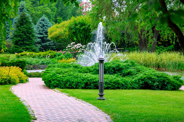 walkway stone tiles in park with landscaping, green plants evergreen bushes and iron ground lantern, on background landscape of thujas bushes and reeds with trees near pond with fountain, nobody.