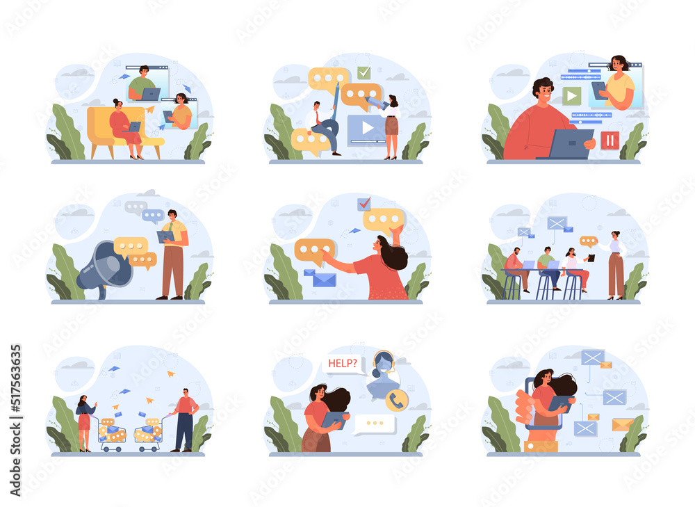 Poster discussion concept set. characters with a dialog bubble. group of business