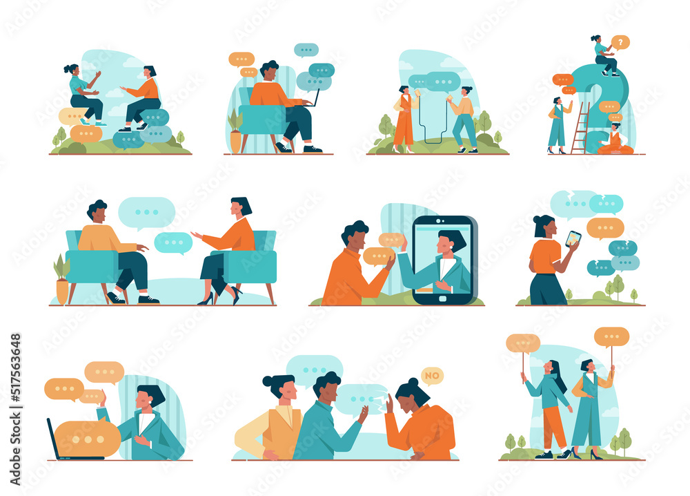 Poster discussion concept set. characters with a dialog bubble. group of business