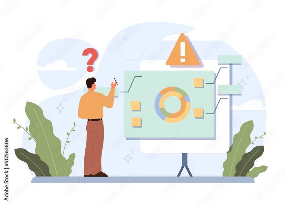 Poster question concept. confused character in doubt with big question