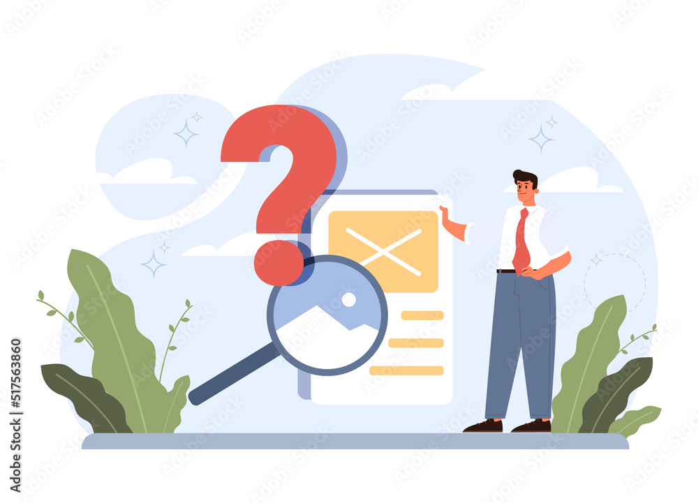 Poster question concept. confused character in doubt with big question
