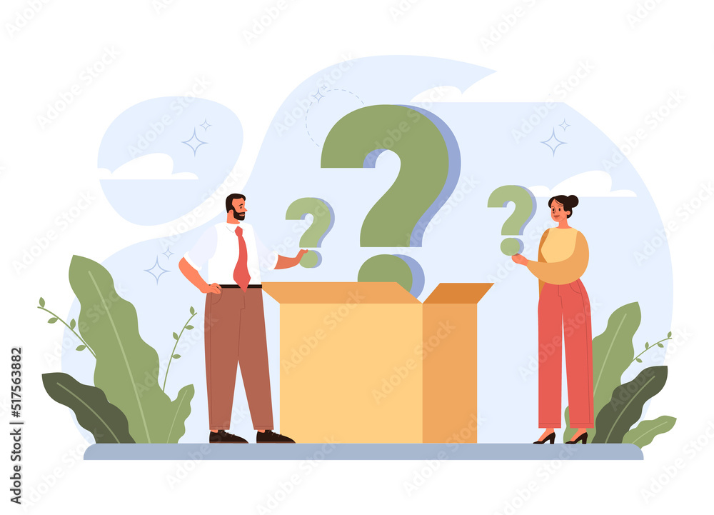 Poster question concept. confused character in doubt with big question