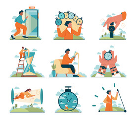 Time concept set. Time flow, hour glass, watch or timer measuring